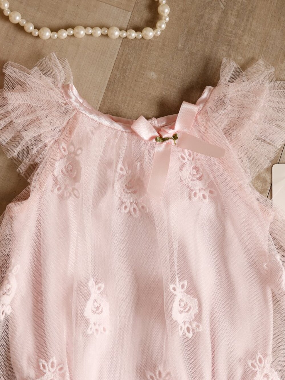 Pink Tulle Cotton Embroidered Lace Overlay Onesie Baby Couture Newborn or 6/9 Mo - Picture 2 of 5